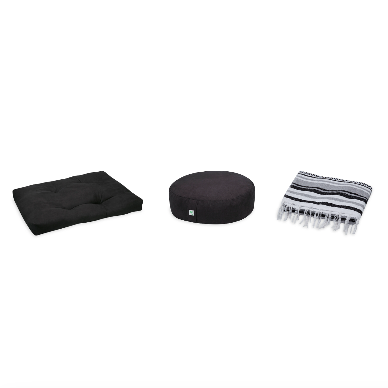 Meditation Bundle - Zabuton (Black), Zafu (Black), Blanket (Black/Grey)